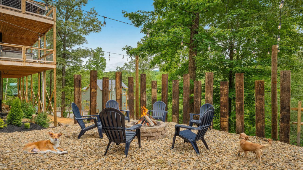 Outdoor firepit area with chairs, surrounded by trees, and dogs lounging nearby.