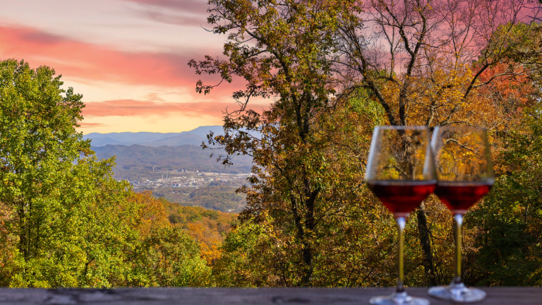 Two wine glasses overlooking the Smoky Mountains during sunset.