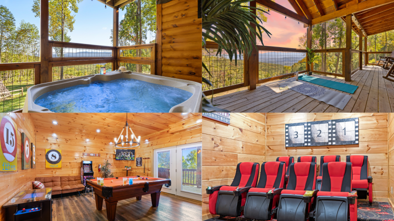 Private cabin amenities: hot tub, game room, and personal private move theater.