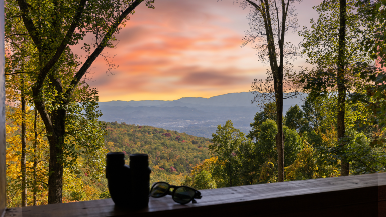 Binoculars and sunglasses on a ledge overlooking the Smoky Mountains.