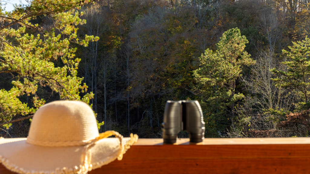 Binoculars and hat on a cabin deck with smoky mountain views in Gatlinburg