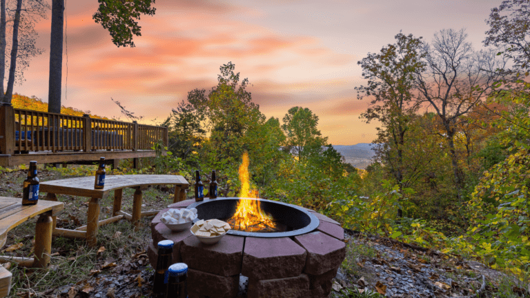 Smoky Mountain cabin with firepit and sunset view.