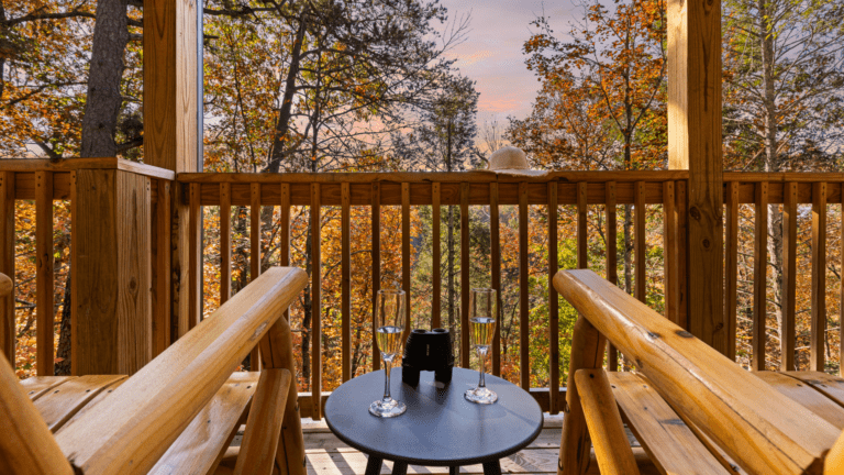 Cozy cabin with a fireplace, breakfast, and wooden decor.