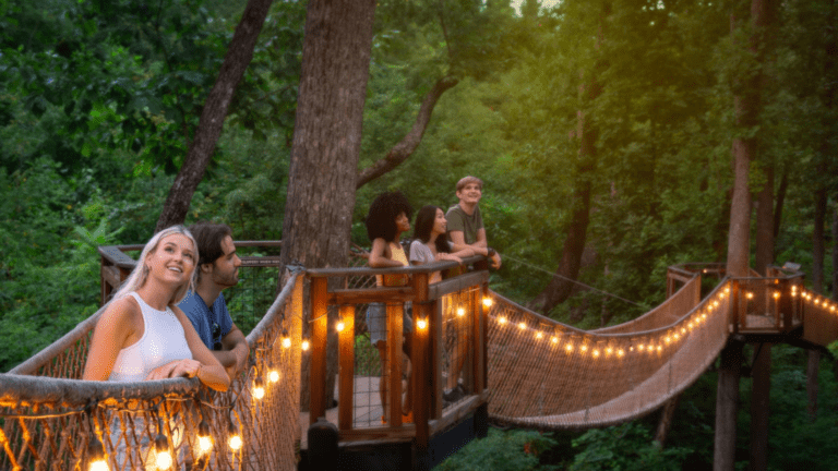 People walking on a lighted rope bridge in the trees.