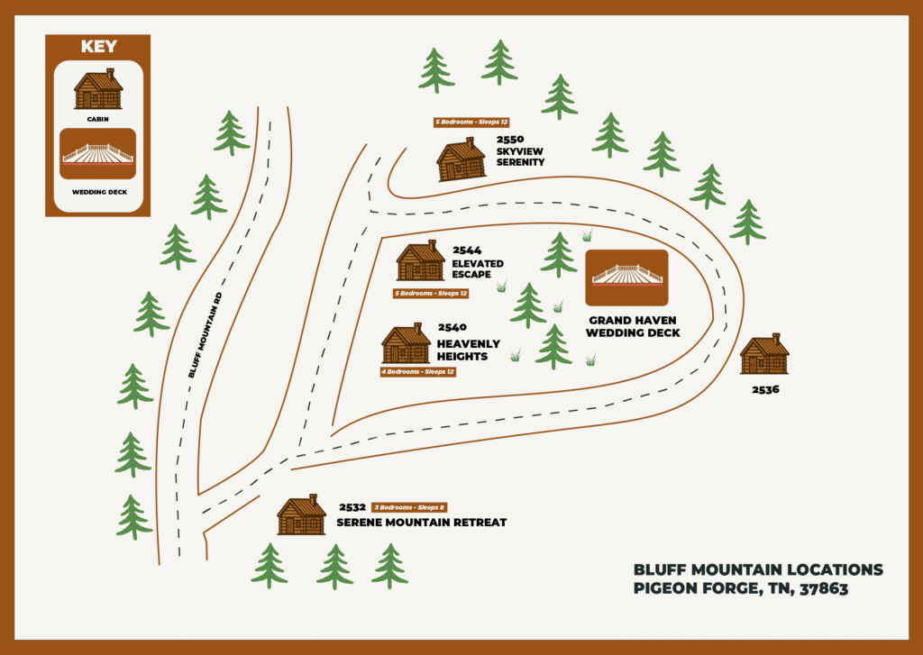 An illustrated map displays Bluff Mountain Locations in Pigeon Forge, TN, with labeled cabins for large groups, a wedding deck, trees, roads, and a key highlighting icons for cabin communities and the wedding deck.