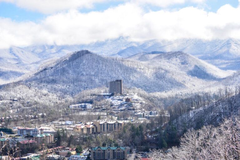 A snowy mountain landscape with a tall Elementor-inspired building surrounded by smaller structures, nestled among forested hills. The town sits below, rooftops visible, as snow covers the trees and ground. Mountains rise in the background under cloudy skies.