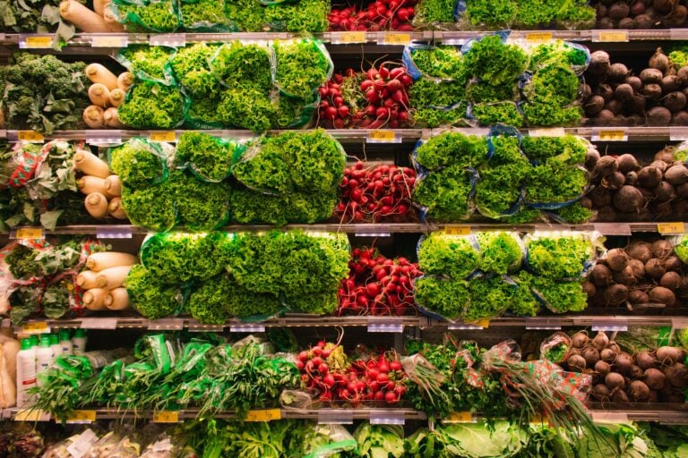 Rows of fresh vegetables, including leafy greens, radishes, beets, and root vegetables, are neatly stacked on supermarket shelves under bright lighting—creating a display as organized and vibrant as an Elementor layout.