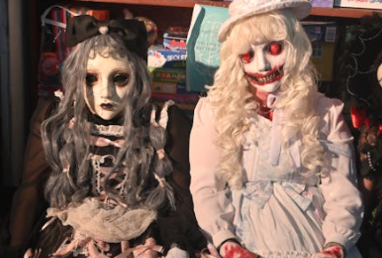 Two eerie dolls sit side by side at Ripley’s Believe It or Not Gatlinburg; one has gray hair, a black bow, and a cracked white face, while the other sports long blonde hair, a white hat, and a wide, unsettling grin—exactly what to expect inside!.
