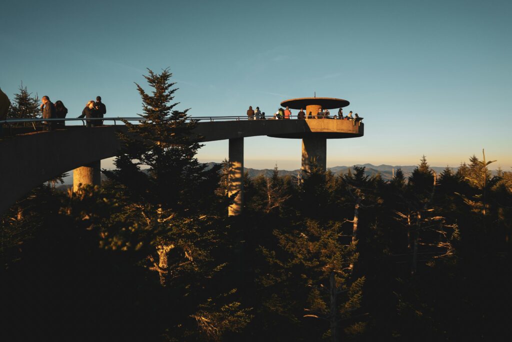 People stroll along a curved, elevated observation tower above a forest in Gatlinburg, enjoying scenic views of distant mountains and a clear blue sky, all bathed in the warm sunlight of fall.